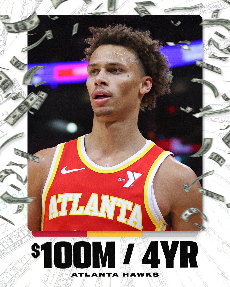 ESPNNBA's tweet photo. Breaking: Atlanta Hawks All-Defensive guard Dyson Daniels has agreed to a four-year, $100 million rookie contract extension with the franchise, sources told @ShamsCharania. 

Get breaking news alerts from Shams Charania through the ESPN app https://t.co/Vy9NIoK9HT https://t.co/qgjzBss7XA