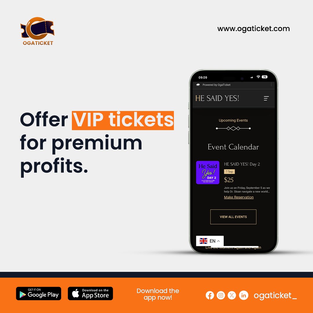 Why settle for regular when you can sell VIP?
OgaTicket lets you add premium ticket tiers and keep more of the profits.
Your event, your pricing, your rules.