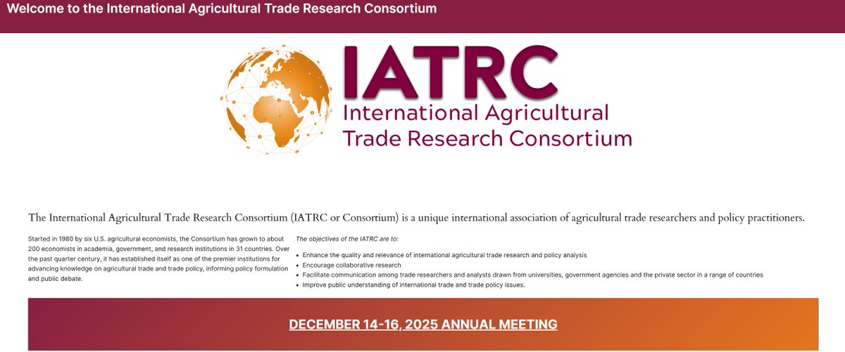 VTAgTradeCenter's tweet photo. Did you know we host the International Agricultural Trade Research Consortium? Started in 1980 by 6 U.S. agricultural economists, the Consortium has grown to 200+ economists in academia, government, and research institutions in 31 countries. Learn more: https://t.co/S4oSshEDFu https://t.co/2pSeKAkksm