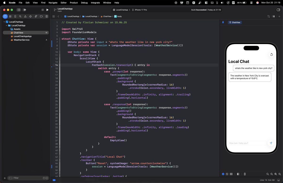 FloWritesCode's tweet image. In the next lesson of the local AI chat app series, we'll teach FoundationModels to use WeatherAPI to fetch current weather conditions anywhere in the world.
It's been a while since the last lesson, but the course is still going. The next few lessons will be super fun (and…