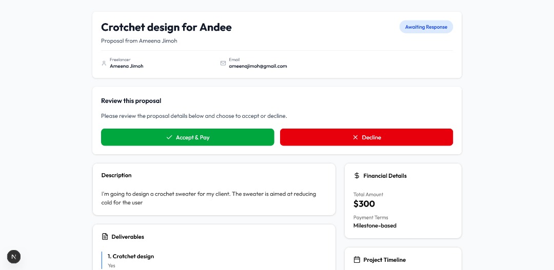Abdulrafiu_dev's tweet image. Client's view of their proposal on Propollio 💙. 
#buildinpublic #WebDevelopment #propollio