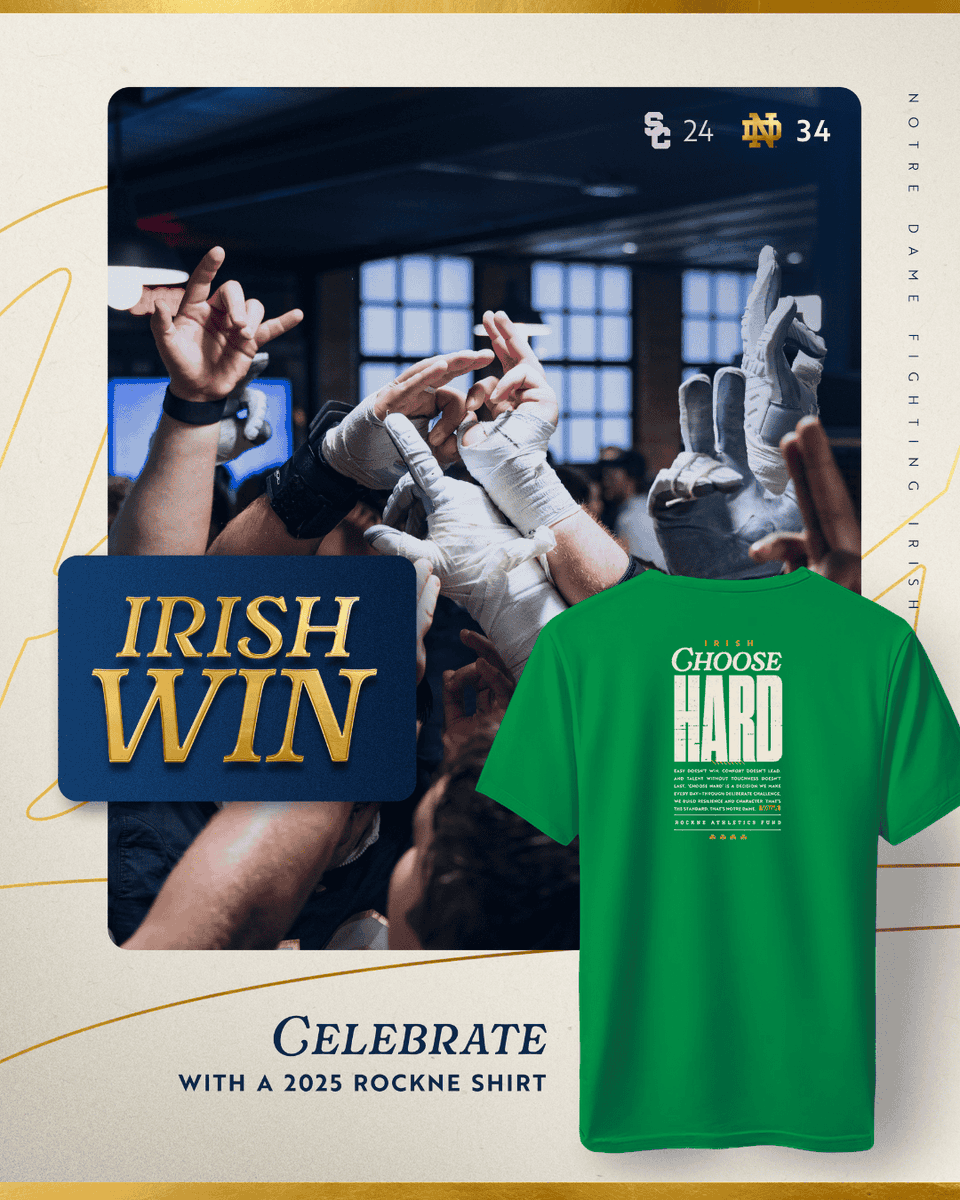 To celebrate the victory over USC, we’ve brought back the exclusive Rockne “Choose Hard” t-shirt for a limited time. Make your $25+ gift to the Rockne Athletics Fund by October 27 to claim yours. ☘️ 

Give now: bit.ly/3La6rka
