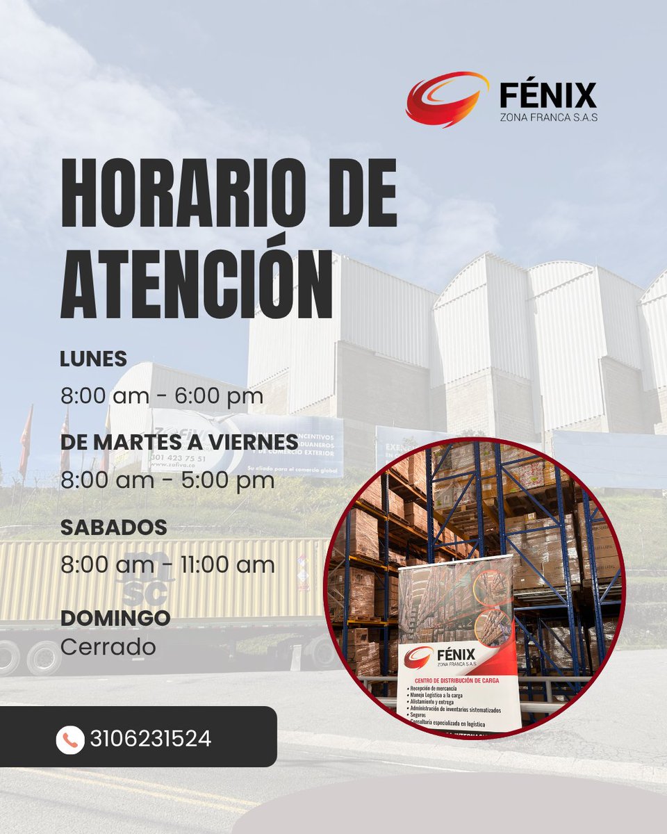 Fenix_ZF's tweet image. 🕒 En Fénix Zona Franca trabajamos con compromiso y puntualidad para acompañar tu operación logística.
➡️ Lunes: 8:00 a.m. – 6:00 p.m.
➡️ De martes a viernes: 8:00 a.m. – 5:00 p.m.
➡️Sábados: 8:00 a.m. - 11:00a.m.
❌Domingo: Cerrado
#FénixZF #LogísticaEficiente #AliadoEstratégico