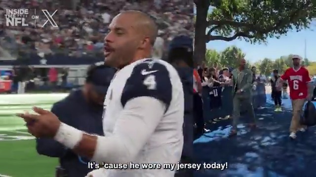 .@jqfergy11 showed up to yesterday's game wearing @dak's high school jersey, so he had to get him a touchdown. 🤝

@insidetheNFL Week 7 Mic'd Up on X 