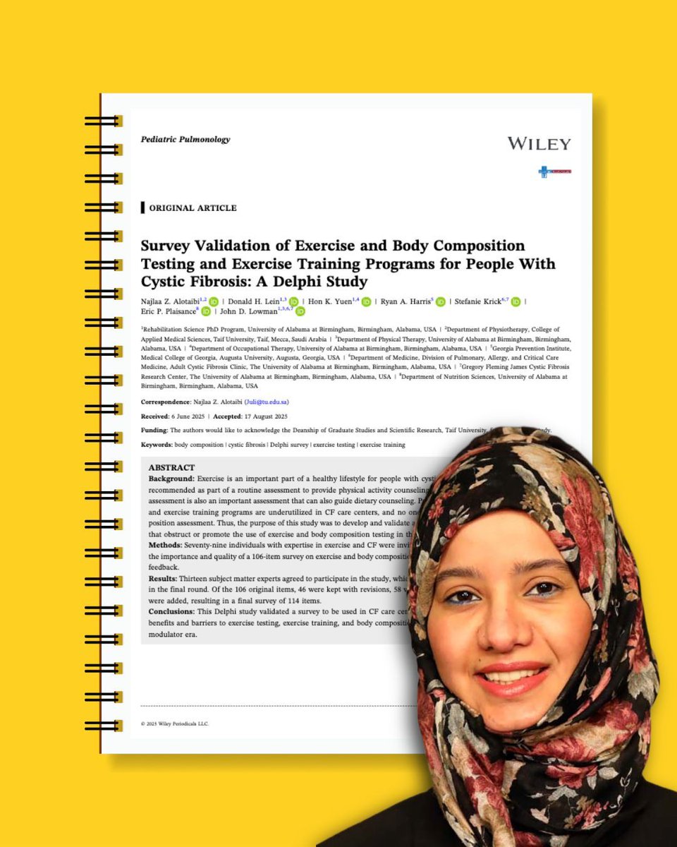 UABRehabSci's tweet image. Congratulations to Rehab Science PhD student Najlaa Alotaibi on her new publication: “Survey Validation of Exercise and Body Composition Testing and Exercise Training Programs for People With Cystic Fibrosis: A Delphi Study”
🔗 buff.ly/SRfdPfO