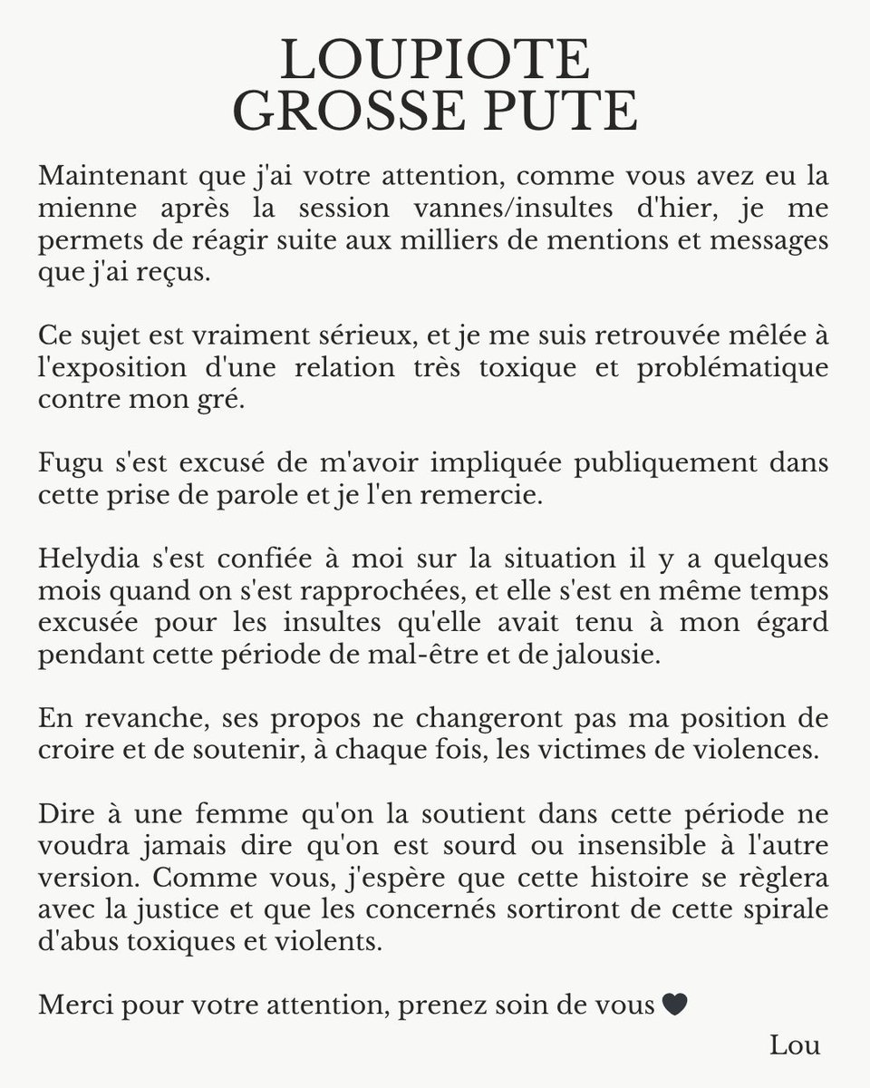 "LOUPIOTE GROSSE PUTE"

(ça sera ma seule prise de parole sur le sujet)