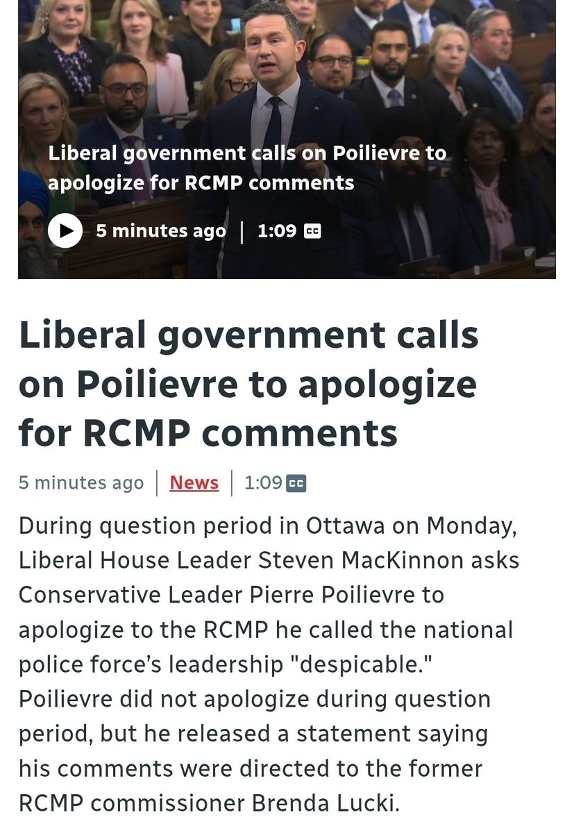 Poilievre was asked 3 times to apologize.
He refused. Instead he doubled down &amp; blamed it on the former RCMP commissioner.
Pierre Poilievre is not fit to be Prime Minister.
He's not even fit to be leader of a political party.
Accountability for everyone except Pierre Poilievre.