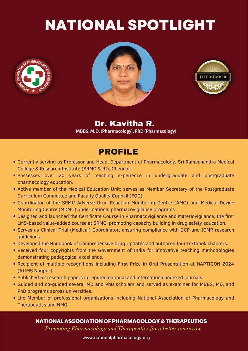 nationpharm's tweet photo. Congratulations!   Dr. Kavitha R.  for being chosen Spotlight of the National Association of Pharmacology &amp; Therapeutics. We, pharmacologists of the nation, are proud of your achievements https://t.co/ys2eC9n94P