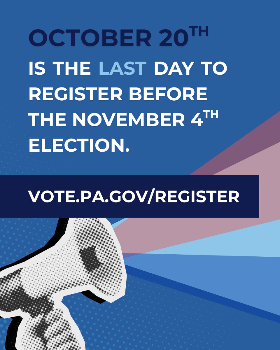 Today is the last day to register to vote in the General Election on November 4.
Make sure to register or update your registration at vote.pa.gov/register.