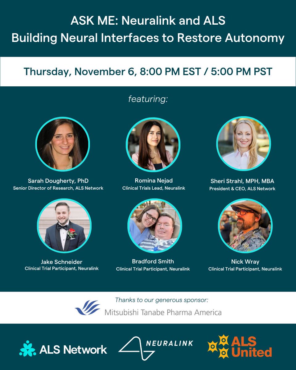 SERobinsonJr's tweet image. NEURALINK: On November 6th, at 8 p.m. ET, the ALS Network will host a free educational webinar titled &quot;Neuralink and ALS - Building Neural Interfaces to Restore Autonomy.&quot; 

There will be an amazing team speaking during the event, It includes Neuralink&apos;s Clinical Trials Lead,…
