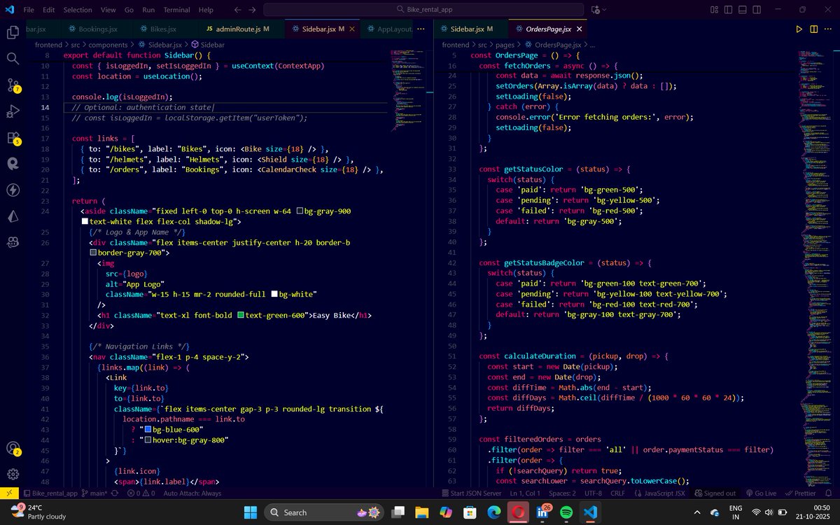 rinku_01X's tweet image. 🚴♂️ Just completed the Sidebar & Orders Section
Now users can easily navigate and view all their bookings in one place.
Loving how smooth the UI feels! ⚡
Next: polishing the booking & payment flow 🔧
#ReactJS #WebDev #MERNStack #JavaScript #BikeRentalApp #FrontendDev