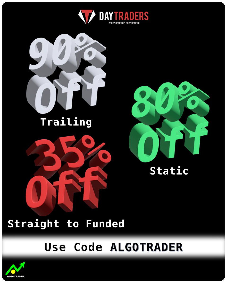 Don’t miss this HUGE sale at DayTraders! They have the deepest prop firm discounts available right now PLUS there are no recurring subscriptions.

💥 90% off all Trailing Evaluations 
💥 80% off Static Evals
💥 35% off Straight-to-Funded

Code ALGOTRADER 👇