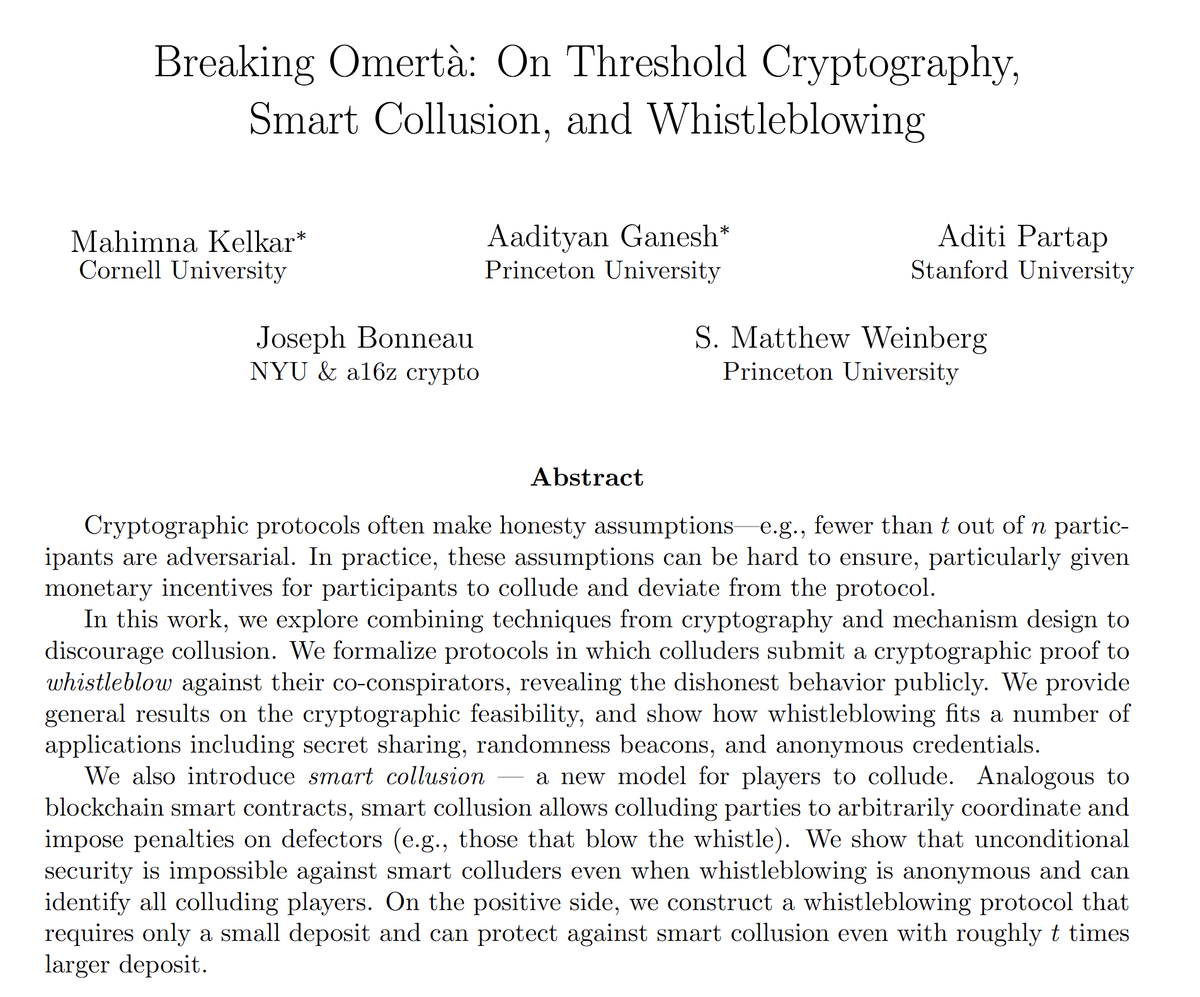 Join us for a talk by <a href="/_mahimna/">Mahimna Kelkar</a> (postdoc at <a href="/Columbia/">Columbia University</a>, incoming prof at <a href="/PurdueCS/">Purdue Computer Science</a>, research scientist at @OffchainLabs)!
🪧Title: Breaking Omertà: On Threshold Cryptography, Smart Collusion, and Whistleblowing
📅When: 11am ET, Oct 24
📷Livestream: sites.google.com/view/yacl/semi…