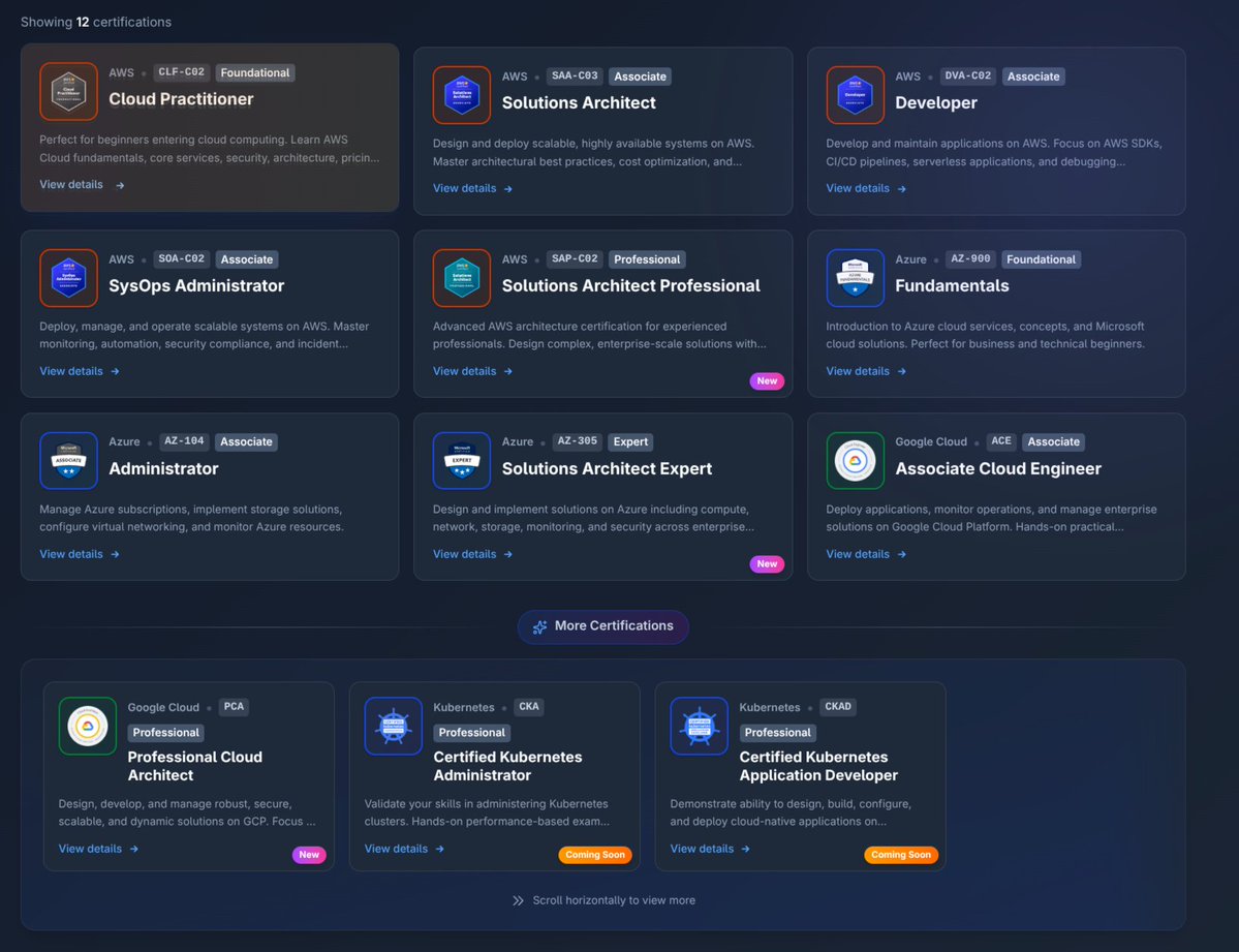 sofianedjerbi's tweet image. C'est sorti ! 
Si tu prépares une certif cloud: j’ai lancé un entraînement qui te coach comme un mentor et te fait bosser en vrai format d'exam.
C'est gratuit pour commencer, profitez tant que c'est ouvert
certiftrainer.com