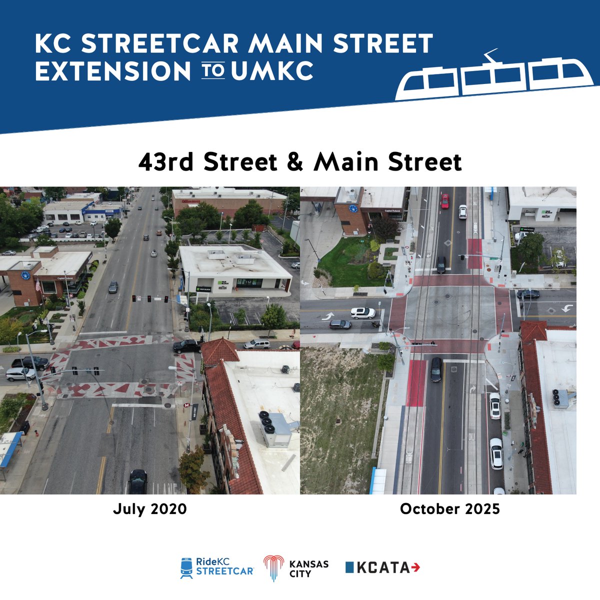 BuildKCSC's tweet image. Check out the transformation of the 43rd St. intersection! 🤩

Work included:
🚆Northbound &amp;amp; a southbound #kcstreetcar stop
🛤️Track &amp;amp; transit-only lanes
👟 ADA improvements &amp;amp; more!

Thanks for your patience as we worked to #Ridein2025!

@kcstreetcar @KansasCity @RideKCTransit