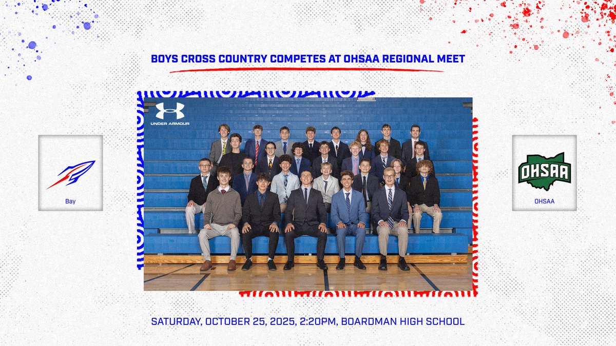 BayAthletics's tweet photo. Boys XC qualified 5 individuals for the OHSAA Regional Meet on Sat, Oct 25 at Boardman. Qualifying runners are Gavin English, Liam Jager, Sasha Jones, Stephen Murphy, and Michael Taylor. Tickets can be purchased at https://t.co/T5DOXadGRd https://t.co/vAo81arwnc