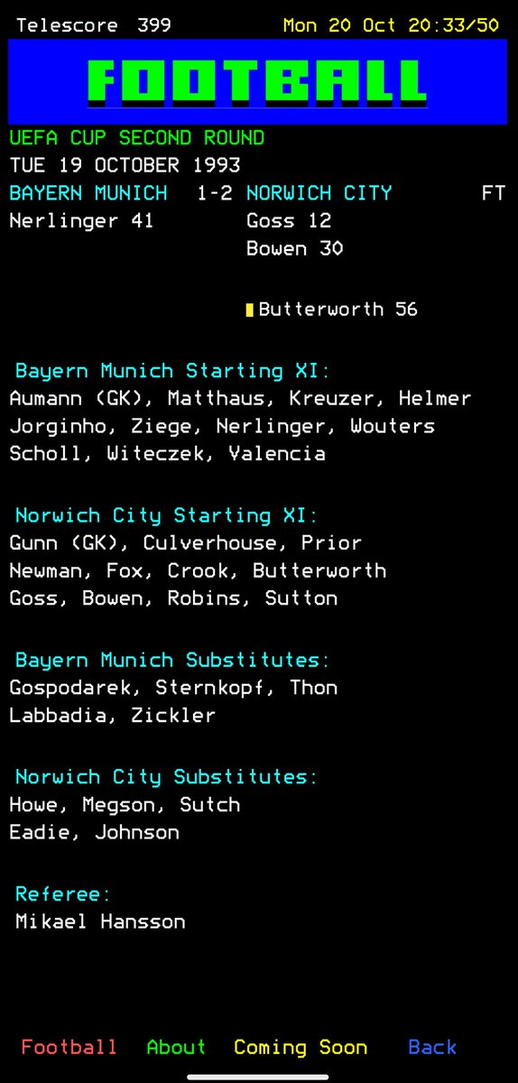 CanaryTone's tweet image. Ah the memories, #ncfc winning in Munich and ceefax (courtesy of telescore app)  @Telescore302
