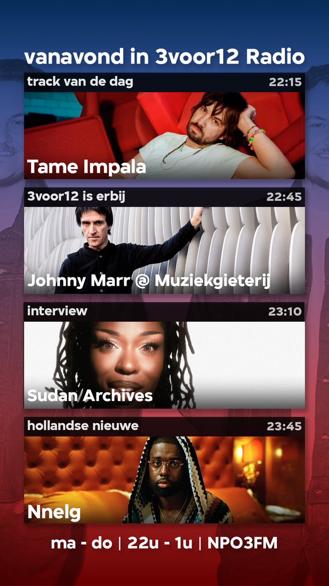 Ook deze week weer 4x <a href="/3voor12/">3voor12</a> Radio, omdat Eva op vakantie is. 

Veel moois, veel nieuws in de shows. Check je in? Luister mee via 3fm.nl/live, de <a href="/NPOLuister/">NPO Luister</a> app of gewoon op je radiooooo!