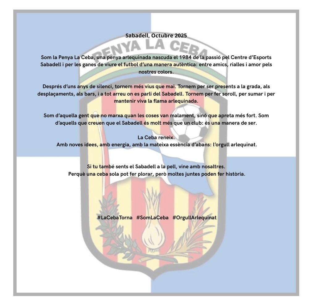 Després d’uns anys de silenci, la Penya la Ceba torna més viva que mai. Fundada l’any 1984, La Ceba reneix per donar-ho tot pel @cesabadell                                       Nova etapa, mateix orgull arlequinat de sempre💪🏻💙🤍  #LaCebaTorna #SomLaCeba #CESabadell #AMQM