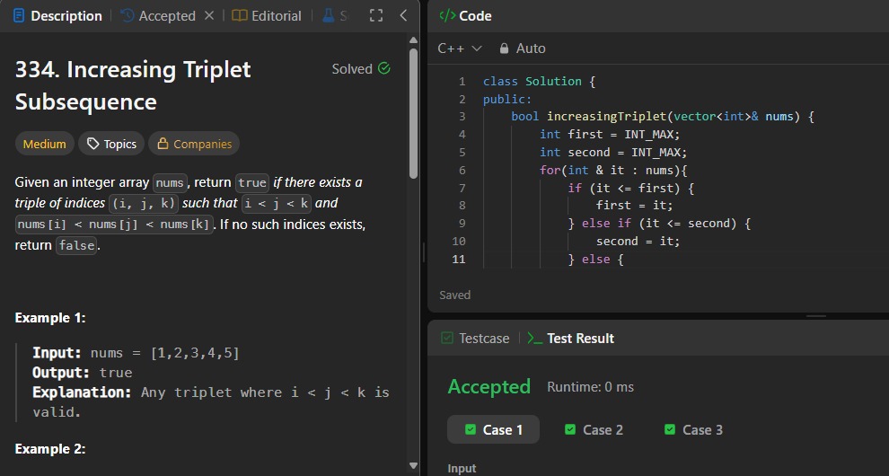 Triiiii_27's tweet image. ✅Solved only 1 LeetCode problem today.
334. Inc Ticket Subsequence
-Today marks the 100th day of coding.
#100daysofcodingchallenge #DSA #cpp @LeetCode