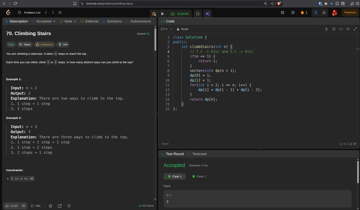 its_prawesh_'s tweet image. Signing off Day 11 of #100DaysOfCode
Problems Solved : -
-> 2011. Final Value of Variable After Performing Operations (POTD : It's just basic implementation)
-> 70. Climbing Stairs
#LeetCode #DSA #Peace