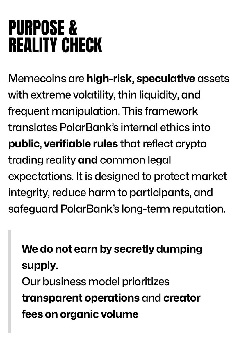 🚀 PolarBank Ethical Launch Framework is live.
We’re publishing clear, verifiable rules for fair memecoin launches — built for crypto reality and legal sanity.

What’s inside
• Standard pump.fun setup: no sell tax / no honeypot, LP burned, mint &amp; freeze revoked
•