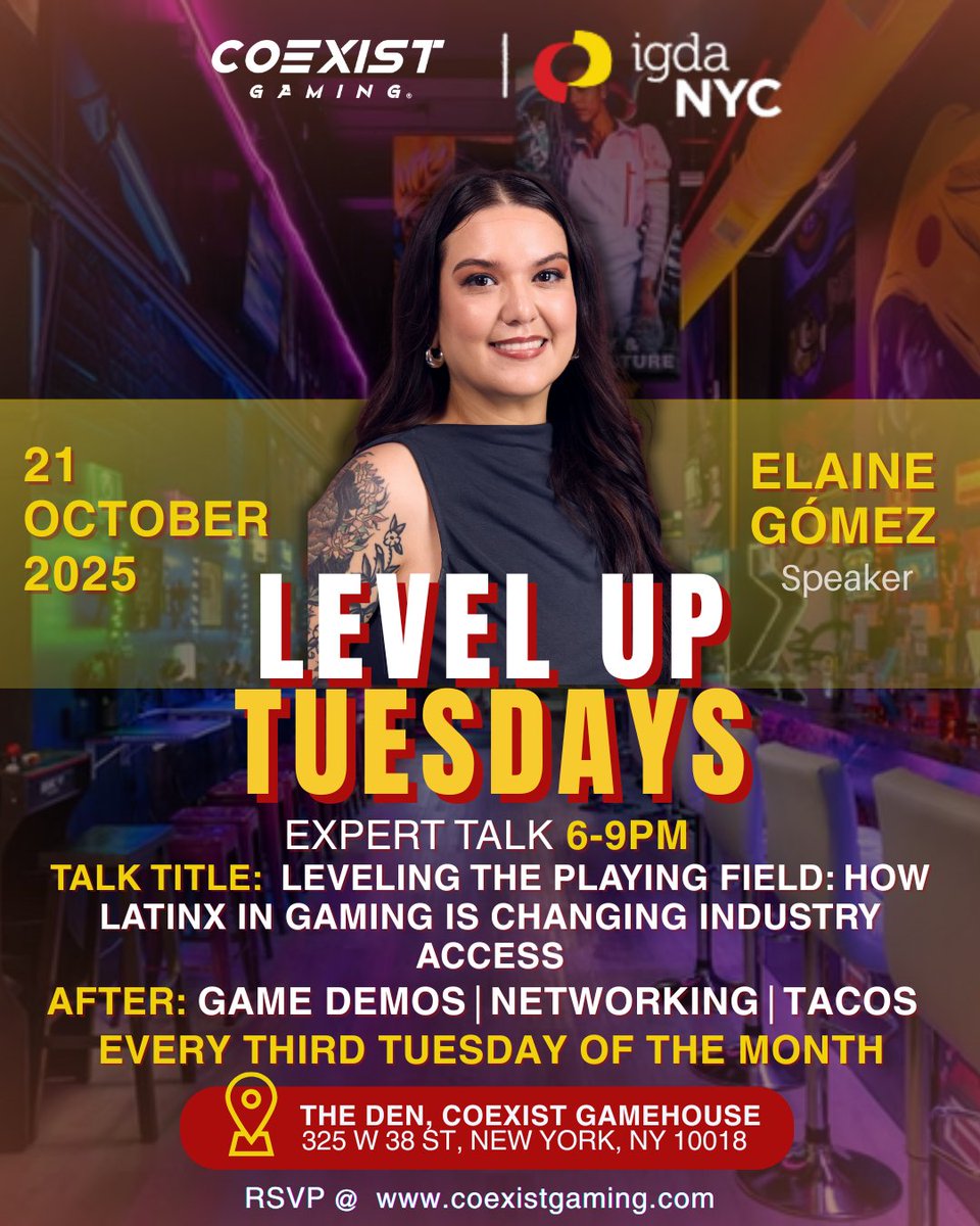 IGDANYC's tweet image. IGDA NYC LEVEL UP TUESDAY:
Third Tuesdays of the month in Midtown
One speaker, two showcase games from #NYC area #gamedevs , plenty of time for talk, tacos, and gaming.
Apply to showcase your game: docs.google.com/forms/d/e/1FAI…
Apply to speak: docs.google.com/forms/d/e/1FAI…
#NYMakesGames