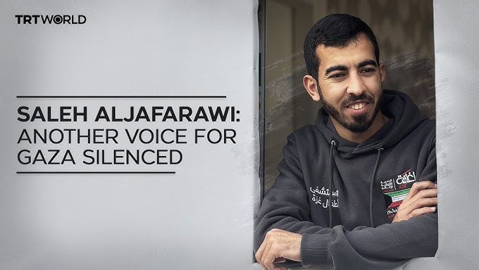 Portrait of Saleh Aljafarawi, a man with short dark hair and a beard, smiling slightly while wearing a dark hoodie with Arabic text on the chest, positioned in a square frame against a light gray background. The overlay text reads SALEH ALJAFAFARAW: ANOTHER VOICE FOR GAZA SILENCED in bold white letters. Arabic script appears below the English text and on the hoodie. TRT World logo is visible in the bottom right corner.