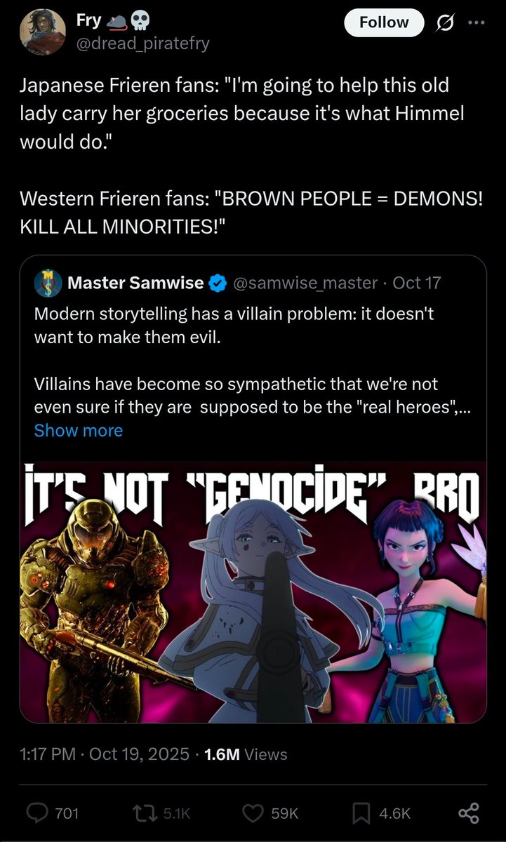 "Frieren Demons are minorities"

Once again if you see the heartless, soulless killing machines known as Demons in Frieren as a depiction of minorities. You are the racist one. They virtue signal so hard they became racist

Also this person has me blocked, so I can't quote them