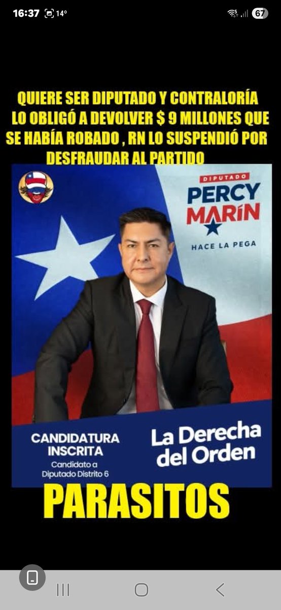 Aedd38's tweet photo. EL MARIDO DELINCUENTE DE CAMILA FLORES POSTULA A LA CAMARA DE DIPUTADOS Y CONTRALORÍA LO OBLIGÓ A DEVOLVER $9 MILLONES QUE SE HABÍA ROBADO.

Consejero Regional de Renovación Nacional y esposo de la diputada por el mismo partido Camila Flores, se trata de Percy Marín.

Un poco más de 9 millones de pesos recibió Marín en víaticos, divididos en 5 millones 900 mil pesos en por concepto de alimentación y alojamiento, además de un poco más de 3 millones 600 mil pesos por concepto de bencina.

El señor Marín para acceder a estos viáticos dijo vivir y tener residencia en la localidad de San Esteban no pudiendo acreditar en su minuto aquel domicilio y abriendo un verdadero misterio sobre la real residencia de una de las parejas más polémicas en el mundo político regional.

Resolución final en Caso Viáticos: Consejero Regional Percy Marín deberá devolver más de 9 millones de pesos según Contraloría

Se iniciará en las próximas semanas un juicio civil (reparo) en contra del esposo de la diputada RN Camila Flores para que devuelvan los millonarios viáticos que cobraron por meses en el Gobierno Regional..!!