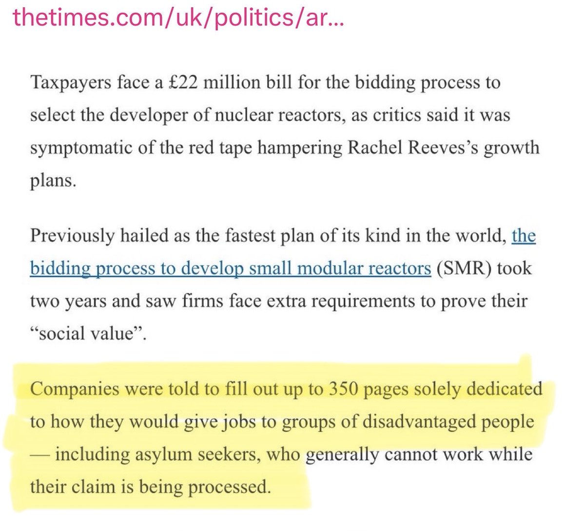 What? Reported by The Times, Bidders for mini nuclear reactors had to fill in 350 pages explaining how they’d employ “disadvantaged groups”, including

ASYLUM SEEKERS .. who legally CAN’T WORK here!!!

So businesses in the UK are fined for employing illegal migrants, yet the