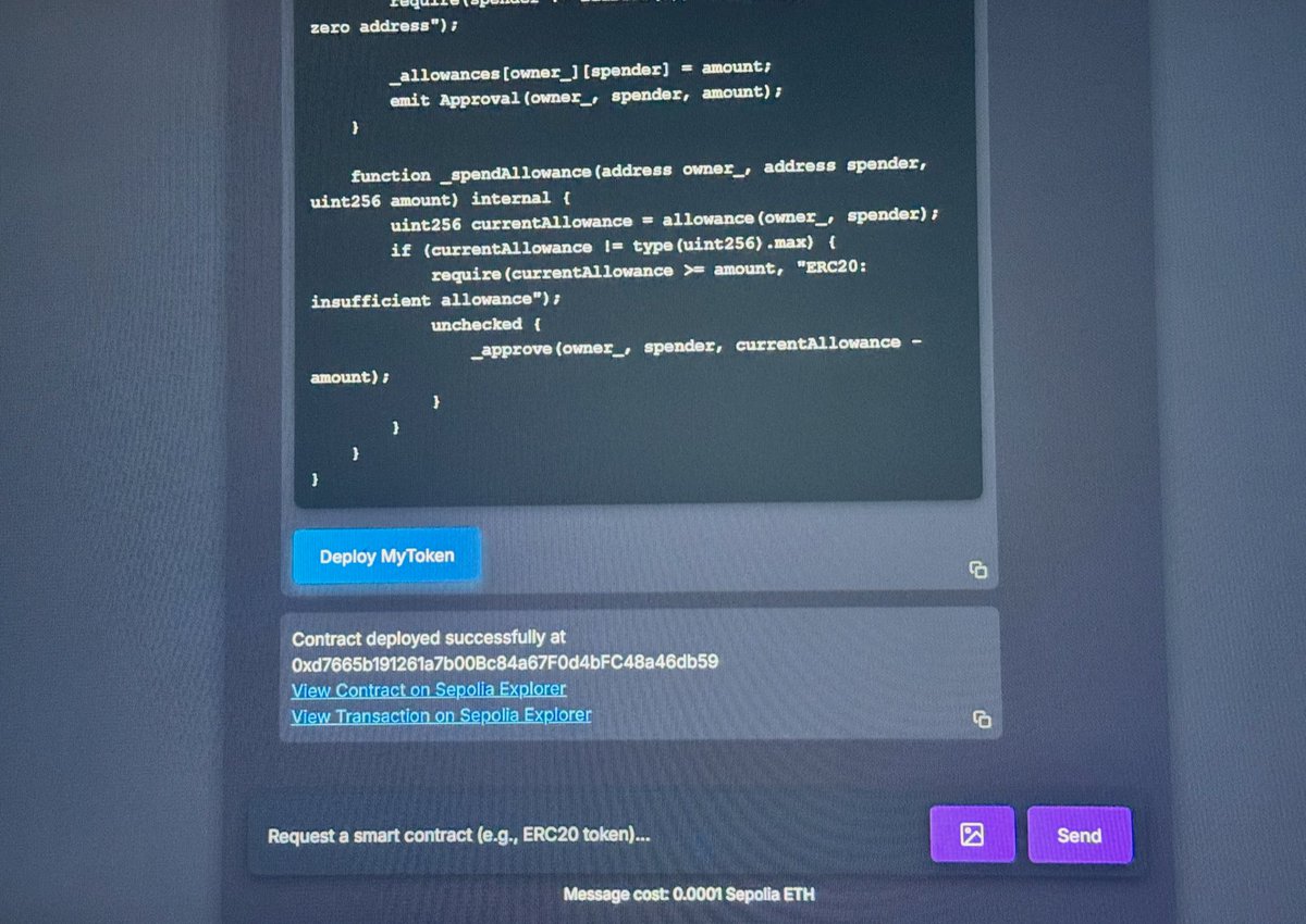 Request + idea = ready-made smart contract

Smito provides you with a smart contract of any complexity at your request and you can deploy it directly on the platform! We are on the threshold of evolution in the world of smart contracts and AI agents, this is just the beginning!💈