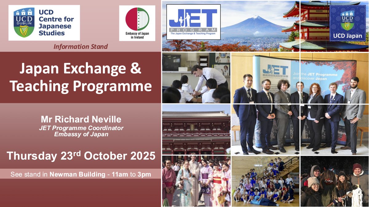 UCD_Japan's tweet photo. The Japan Exchange &amp; Teaching (JET) Programme is inviting graduates to take part in the world’s largest exchange &amp; language education programme🇯🇵✨
📍 JET Info Stand
       Meet Richard [Embassy of Japan &amp; former JET]
🗓 Thu 23 Oct 11–3pm
📌 UCD Newman Bldg
Drop by to learn more! https://t.co/McT8MpVMEy