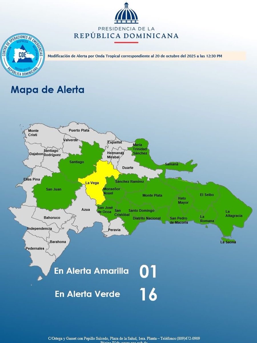 #DGRDInforma | La dirección del Centro de Operaciones de Emergencias <a href="/COE_RD/">COE</a> incrementa los niveles de alertas para varias provincias.

En virtud del boletín, se coloca en un nivel de #AlertaVerde la Prov. La Altagracia.

¡Atentos! 

#AlcaldíaVerónPuntaCana #DGRD #AlertaVerde