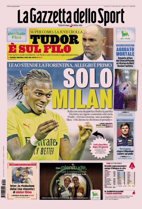 Front Page La Gazzetta dello Sport, Monday 20 October 2025