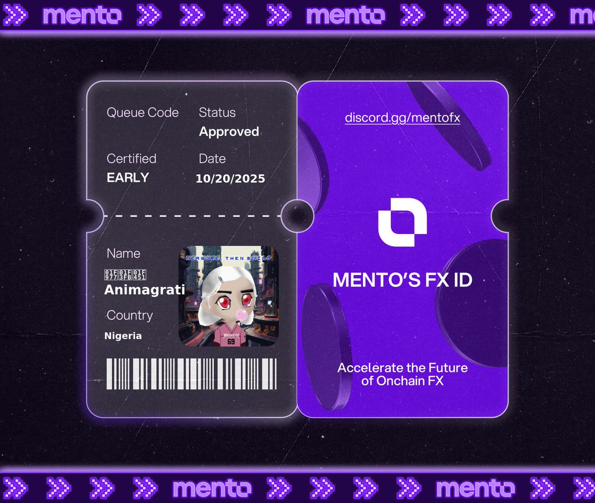 $7.5T moves daily in TradFi FX. 

Now it moves onchain with <a href="/MentoLabs/">Mento (fx/acc)</a>, and I’m part of it.

Claimed my FX ID.

Claimed my FX ID. You? 

 → discord.gg/mentofx