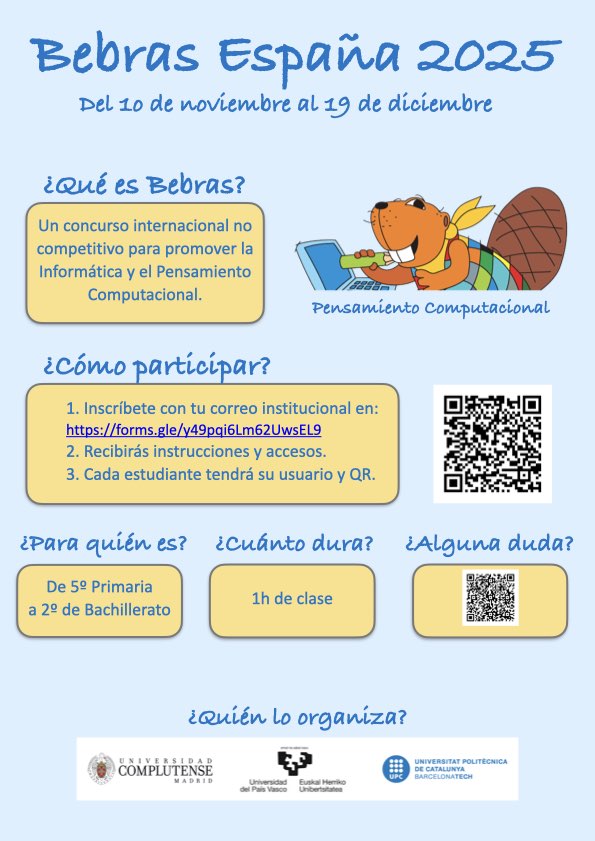 bpalop's tweet image. ¿Buscas buenos problemas para trabajar el Pensamiento Computacional?
¿Quieres conocer los retos seleccionados para el concurso (no competitivo) Bebras 2025?
¿Tienes 1h de clase con niños y niñas curiosones antes del 19/12/25?
¡INSCRÍBETE YA!
forms.gle/y49pqi6Lm62Uws…