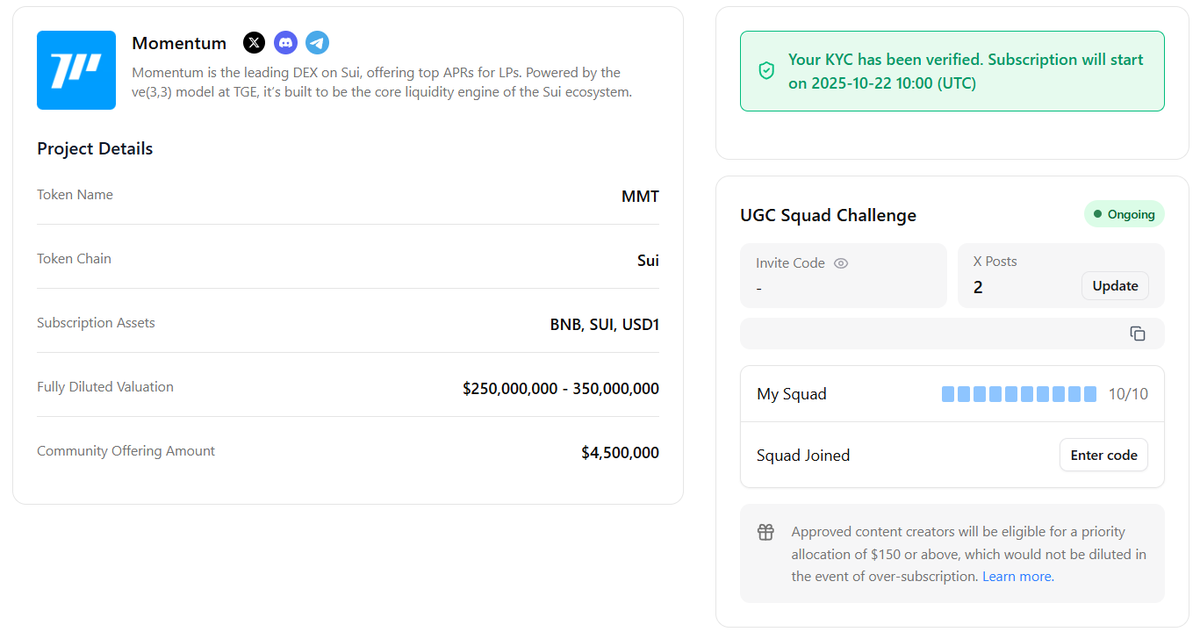 Squad Challenge ile <a href="/buidlpad/">Buidlpad</a> üzerindeki <a href="/MMTFinance/">MomentumⓂ️Ⓜ️T</a> satışında fazladan 150$’lık allocation kazanma şansınız var💎

Bunun için 5 paylaşım yapıp sisteme yüklemeniz ve 10 kişiye davet kodunuzu göndermeniz gerekiyor🌟

Benim davet kodlarım dolduğu için katılmak isteyenler kendi