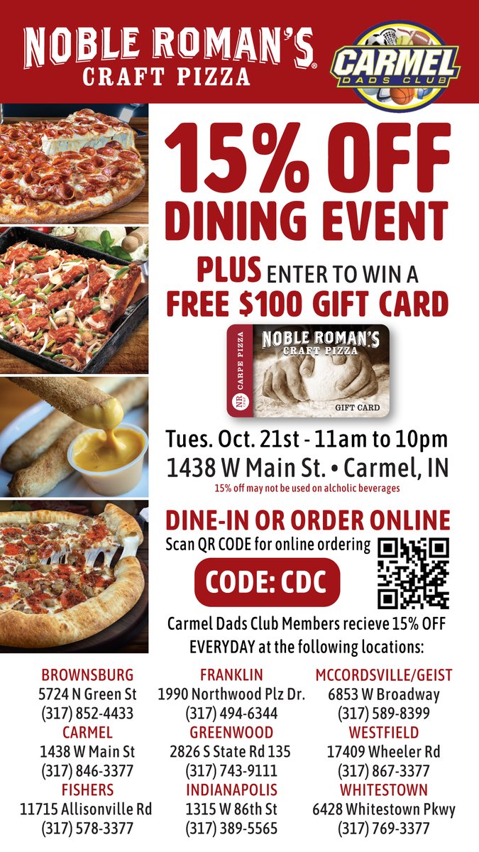 Use code CDC at Noble Roman's Craft Pizza in Carmel tomorrow to save 15% on your order. Plus, enter to win a $100 gift card!
