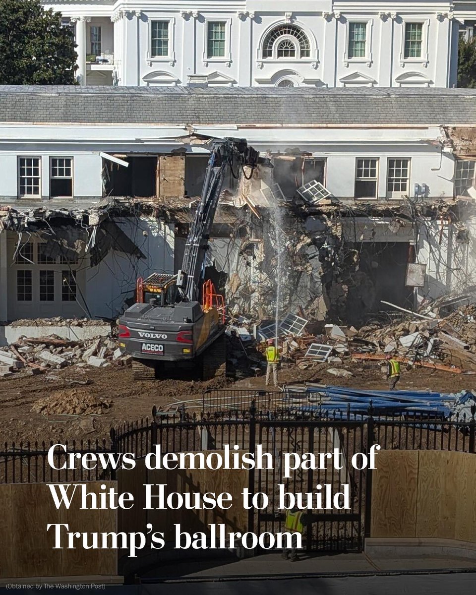 washingtonpost's tweet image. Demolition crews have begun tearing down part of the White House to build President Trump’s long-desired ballroom — despite his pledge that construction of the $250 million addition wouldn’t “interfere” with the existing building. wapo.st/3WOyU1A