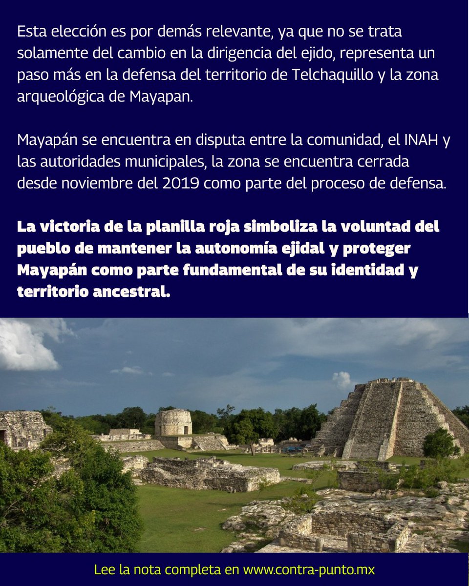 MxContrapunto's tweet photo. 🌿Este 19 de octubre, la comunidad de Telchaquillo, en el municipio de Tecoh, Yucatán, realizó una histórica asamblea para elegir a su nuevo comisariado ejidal. La planilla roja resultó ganadora, con el compromiso de continuar la defensa de la zona arqueológica de Mayapán y poner fin a años de presunta corrupción en la gestión ejidal.

🔗Toda la información aquí👇🏼
https://t.co/8PK7IXrhgV

#Yucatán #Mayapán #Comunidades #AutonomíaEjidal