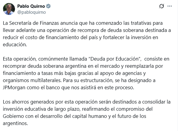 NicolasCappella's tweet image. Lo que tenes que llevarte de la rueda por #LaMesadeIEB

Que tenés que llevarte de la rueda hoy?

Finalmente, el BCRA publicó oficialmente el swap por 20.000 M usd. El mismo se activará en la medida en que sea necesario, mientras tanto no se contabilizará en las reservas. Milei ya…