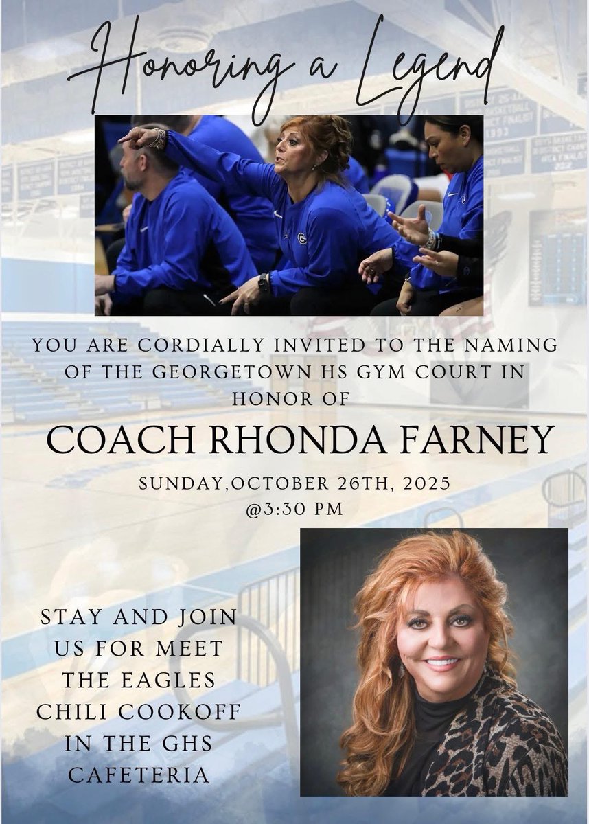 A huge <a href="/Tabchoops/">𝙏𝘼𝘽𝘾🏀📋</a> congratulatory shoutout for a HOF’er &amp; Icon in the TXHS Basketball ranks as well as Nationally! Congratulations <a href="/CoachFarney/">Rhonda Farney</a> Keep leading &amp; inspiring! <a href="/GeorgetownISD/">Georgetown ISD</a> <a href="/AthleticsGISD/">Georgetown ISD Athletics</a> <a href="/TXHSGBB/">#TXHSGBB—TXHSGBB.com</a> <a href="/uiltexas/">Texas UIL</a> <a href="/THSCAcoaches/">THSCA</a> <a href="/AustinTGCA/">TGCA</a> <a href="/OfficialTHSADA/">THSADA</a> <a href="/TexasHoopsGASO/">TexasHoops/GASO 🔗</a>