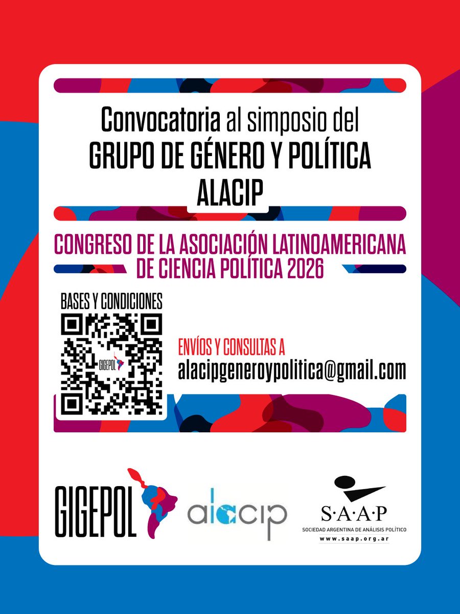 🌎Convocatoria al simposio del Grupo de Investigación de Género y Política en América Latina ALACIP <a href="/ALACIP_oficial/">ALACIP</a> 

📩 alacipgeneroypolitica@gmail.com

🔗 Escaneá el QR del flyer para conocer bases y condiciones