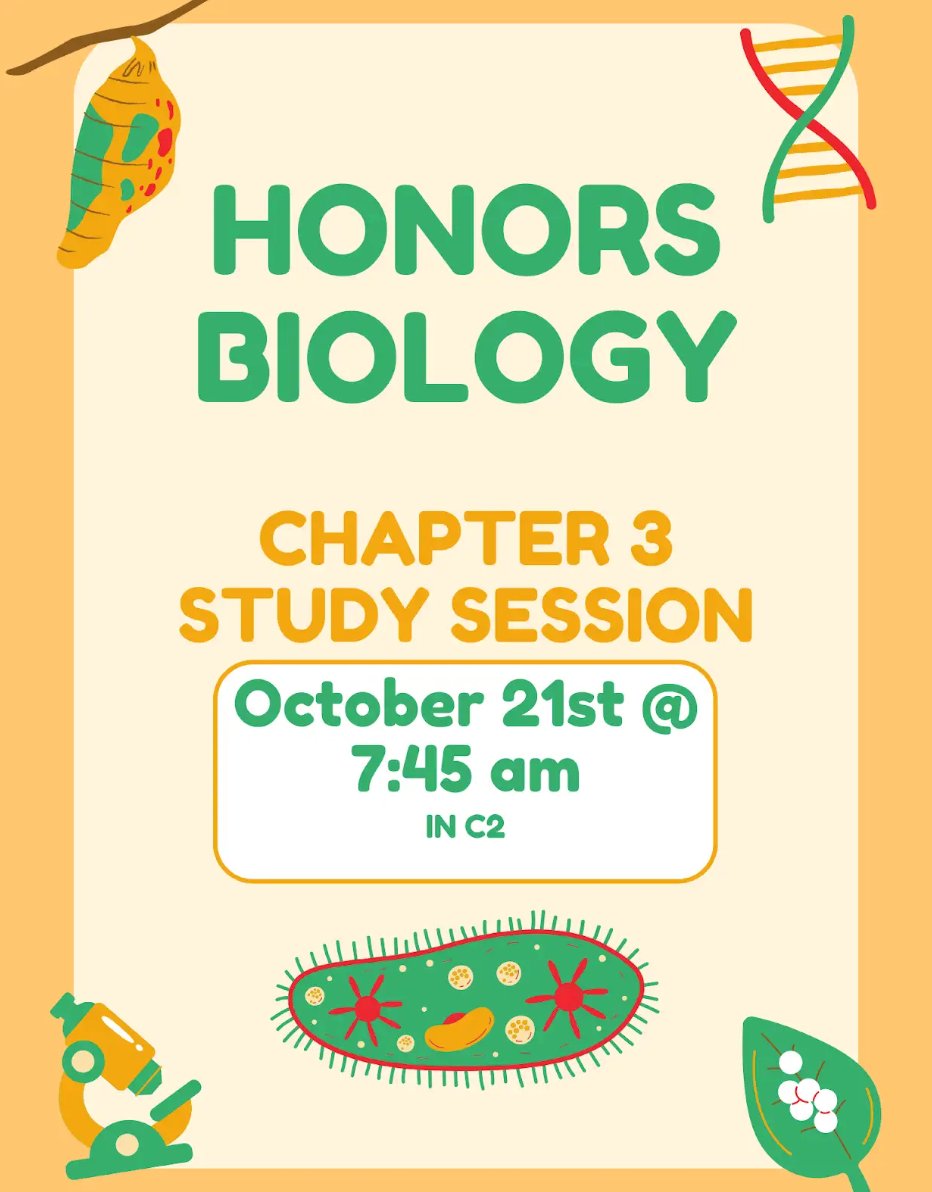 Honors Biology students: Don't forget the early morning study session on Tuesday, October 21st, at 7:45 a.m. in room C2. It's a great opportunity for some extra review to prepare for your Chapter 3 test!  #lvusdrocks #chargeon @instagoura