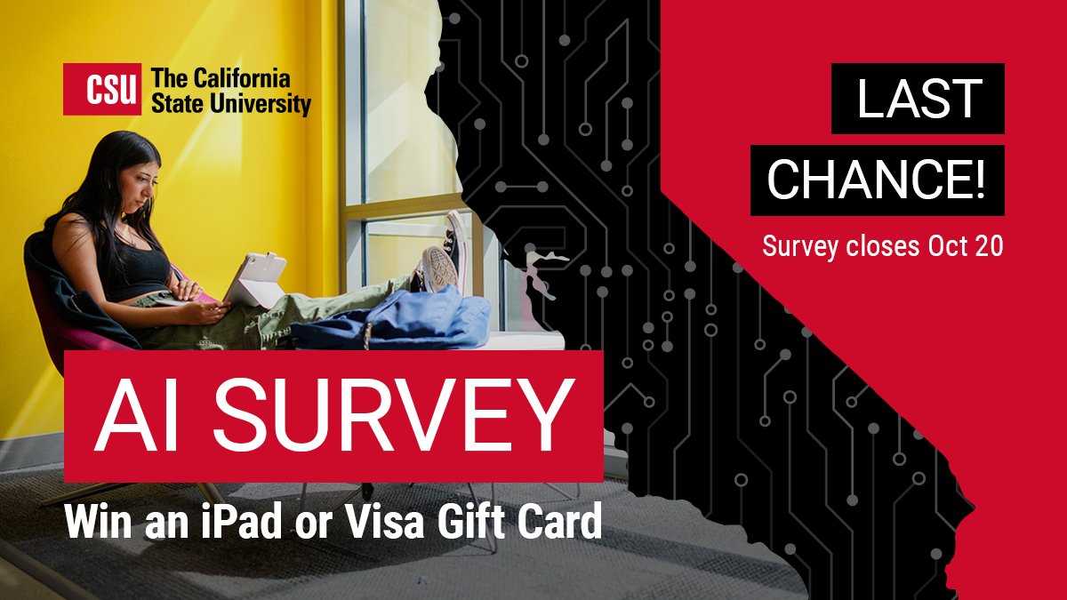 CSUDHIT's tweet image. 🚨 LAST CHANCE! 🚨 The CSUDH AI Survey closes TODAY (Oct. 20) ⏳
Share your voice + enter to win 🎁 5 iPad Pros or 4,000 $10 gift cards!
Open to students, faculty &amp;amp; staff 🐂
👉 aisurvey.calstate.edu
#CSUDH #AI #Toros