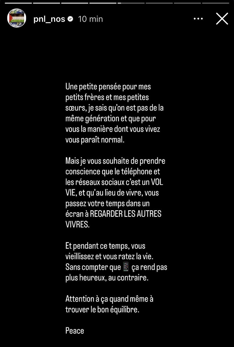 AlertesInfos's tweet image. 🇫🇷🤳 Le rappeur N.O.S du groupe PNL s’exprime sur la surconsommation des réseaux sociaux et du téléphone :

&quot;Une petite pensée pour mes petits frères et mes petites sœurs, je sais qu’on est pas de la même génération..

Mais je vous souhaite de prendre conscience que le téléphone…