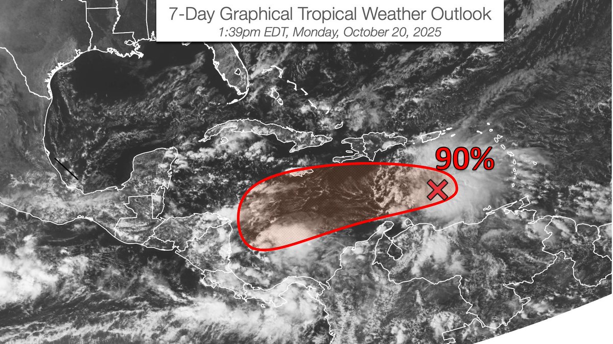 NWS's tweet photo. A tropical wave is gradually becoming better organized and is likely to become a tropical depression or storm over the central Caribbean Sea during the next few days. 

While there is significant uncertainty in the eventual track and intensity of the system, interests in Puerto Rico, Hispaniola, Jamaica, and Cuba should monitor its progress as there is a risk of heavy rain and flooding, strong winds, and rough surf later this week.

Visit https://t.co/e2Vkdav5Wu for updates.