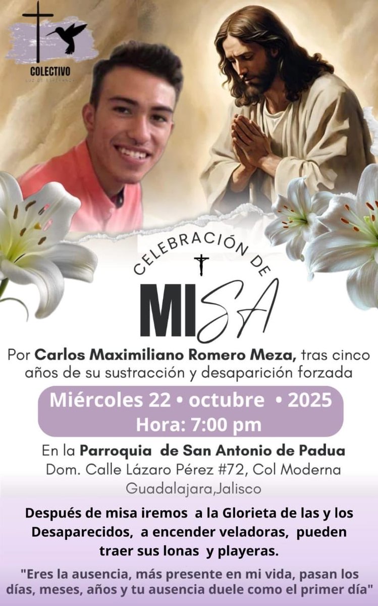 Se te hace extensiva la invitación tras cinco años de su desaparición, y cientos de desaparecidos, se celebrará una misa, en parroquia de San  Antonio de Padua. Colonia moderna en #Guadalajara #Jalisco  @forforma  <a href="/susanaradio/">Susana Carreño</a> , <a href="/Claudiashein/">Claudia Sheinbaum Pardo</a> , <a href="/giarmi/">Gina Argüello</a>, <a href="/RadioUDGPV/">Radio Universidad Puerto Vallarta</a> <a href="/Walky7309/">Mara</a>