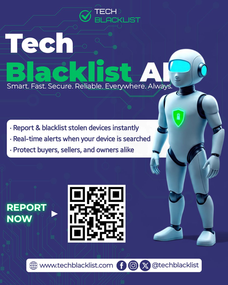 Techblacklist's tweet image. Meet TechBlacklist AI your smart security partner for all things tech. 🤖💙
With real-time alerts, instant reporting, and powerful verification tools, protecting your devices has never been this easy.

Stay smart. Stay secure.
Visit techblacklist.com today.…